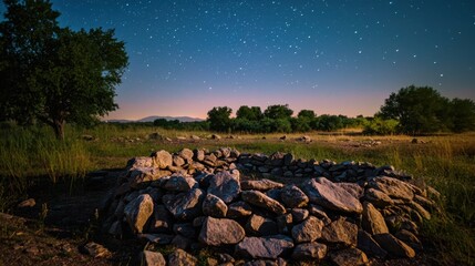 A starlit sky blankets a serene landscape featuring a circular arrangement of stones. The scene captures twilight in a tranquil field, surrounded by trees and distant hills