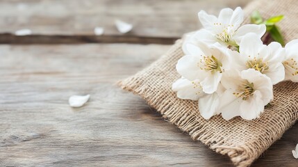 Delicate white cherry blossoms arranged elegantly on rustic burlap fabric with wooden background : Generative AI