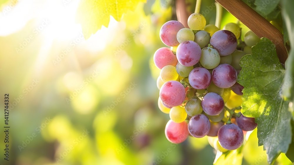 Aufkleber Fresh Grapes on Vine with Sunlight in Background at Vineyard : Generative AI