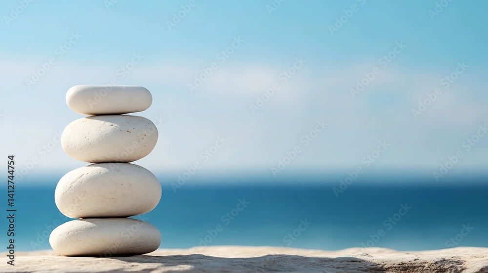 Poster tranquil spa stone stack on beach shore with clear blue sea and sky background for relaxation : gene