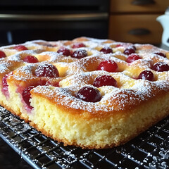 Delicious cake with golden crust, topped with fresh red berries and dusting of powdered sugar, resting on cooling rack in kitchen setting