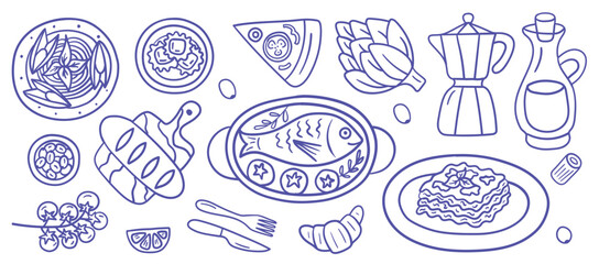 Hand-drawn ink-style Italian cuisine icons featuring lasagna, ravioli, fish, vegetables, wine, and classic tableware. Perfect for menus, packaging, culinary blogs, and food-themed designs.