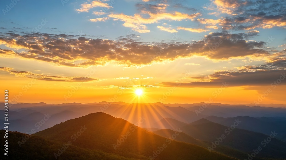Poster stunning panoramic view of sunset over mountains with sun rays shining through clouds and golden sky