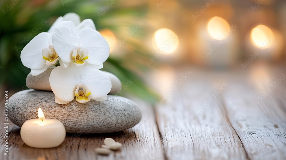 Poster elegant white orchids and smooth stones with candlelight for relaxation and serene ambience : genera