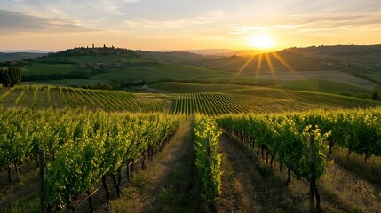 Fototapeta premium Vineyard Landscape at Sunset Showcasing Beautiful Rows of Grapevines : Generative AI