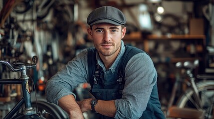 A young European man poses confidently in a workshop, surrounded by bicycles and tools, showcasing his passion for craftsmanship and mechanics.