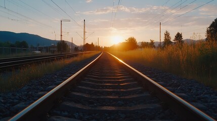 Fototapeta premium Railroad tracks leading into sunset with glowing light and foliage : Generative AI