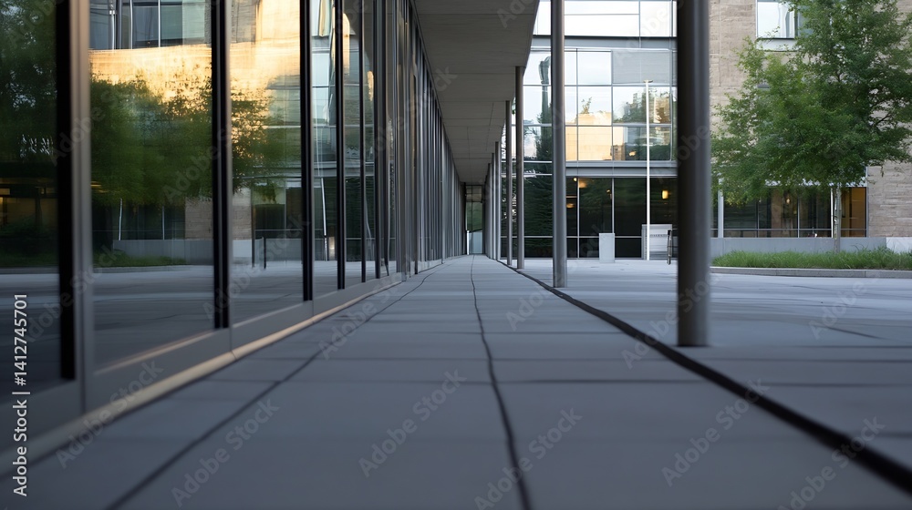 Aufkleber Modern architectural pathway with reflecting glass windows and peaceful surroundings : Generative AI