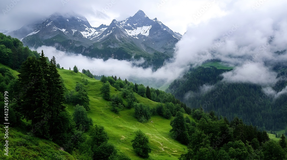 Poster majestic mountain landscape with lush greenery and mystical fog creating serenity : generative ai
