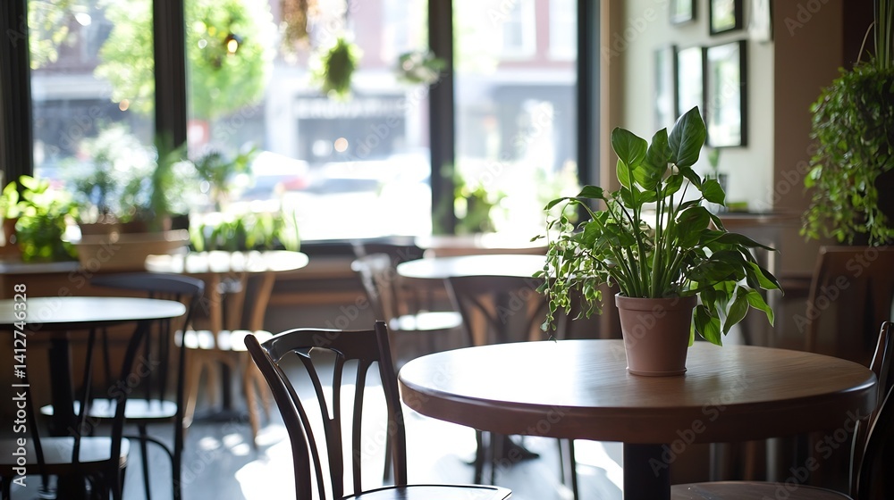 Poster bright and inviting indoor cafe setting with greenery and plants furnishing the atmosphere : generat