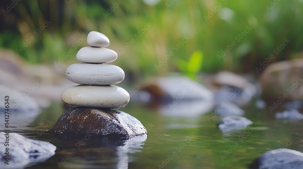 Poster zen stone stack balanced elegantly on water surface surrounded by natural greenery promoting tranqui