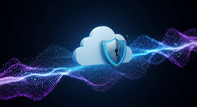 Cloud data security. Shield protecting cloud from attack and malware. Abstract data stream flowing around the icon. - Powered by Adobe