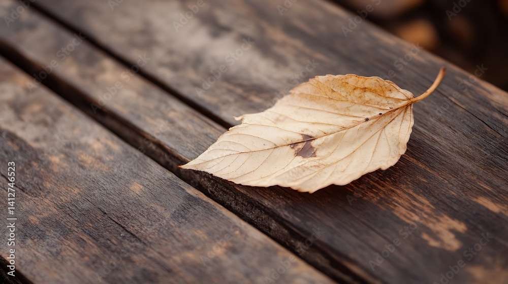 Poster close up of a dry autumn leaf on a rustic wooden table evoking a sense of change and nature : genera