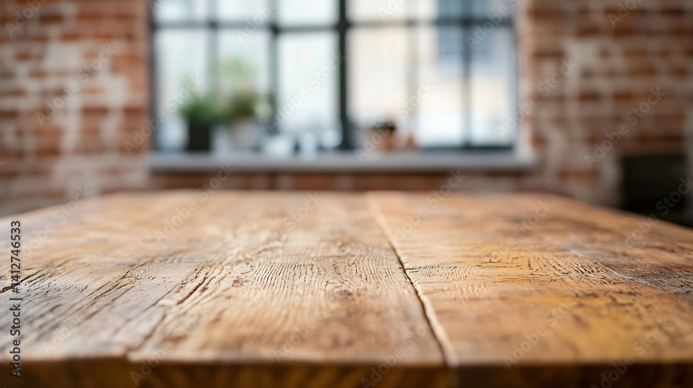 Aufkleber close up view of a rustic wooden table surface with a blurred interior background and natural light 