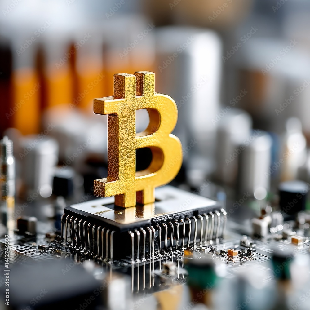 Aufkleber Golden Bitcoin Symbol Resting on a Computer Chip: Digital Currency and Technology Convergence