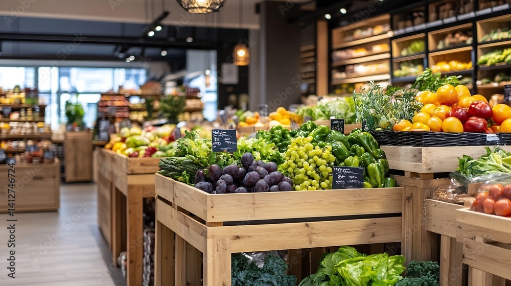 Poster Fully Stocked Grocery Store Displaying Assorted Fresh Fruits and Vegetables : Generative AI