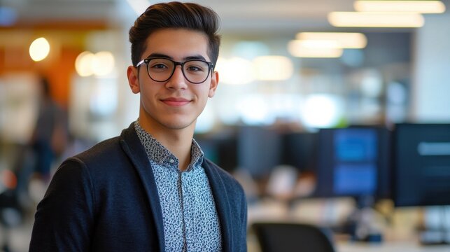 A young Hispanic man in his twenties is smiling confidently in an office setting. He wears glasses and has a modern hairstyle, embodying a professional yet approachable vibe.