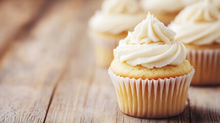 Delicious Cupcake with Creamy Frosting on Rustic Wooden Table for Sweet Treat Lovers : Generative AI