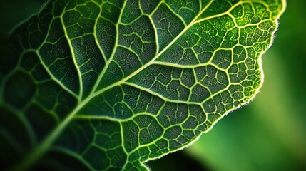 A close-up view of vibrant green leaves, showcasing intricate veins and textures, glistening with morning dew under soft sunlight, creating a fresh and lively atmosphere.