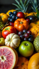 pile of fruit including oranges, apples, grapes, and pineapples