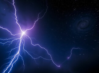 Dramatic Lightning Strike with Cosmic Spiral Galaxy in Dark Sky