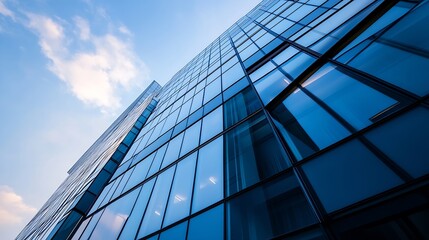 Modern Glass Skyscraper Reaching Towards Bright Blue Sky with Fluffy White Clouds : Generative AI