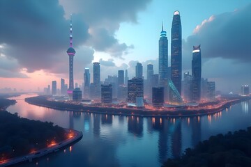 Futuristic Smart City Skyline with Copy Space
