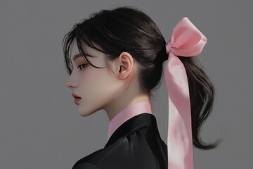 a slender korean boy wearing women's makeup , with a high ponytail using a stylish pink ribbon bow for the ponytail., sleek and tightly secured at the crown, flowing smoothly down her back