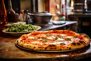 close up of a Italian pizza served on a plate in Italian restaurant outdoors in rome