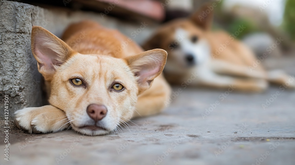 Aufkleber two relaxed dogs resting side by side with soft focus showcasing peaceful pets in a casual setting :