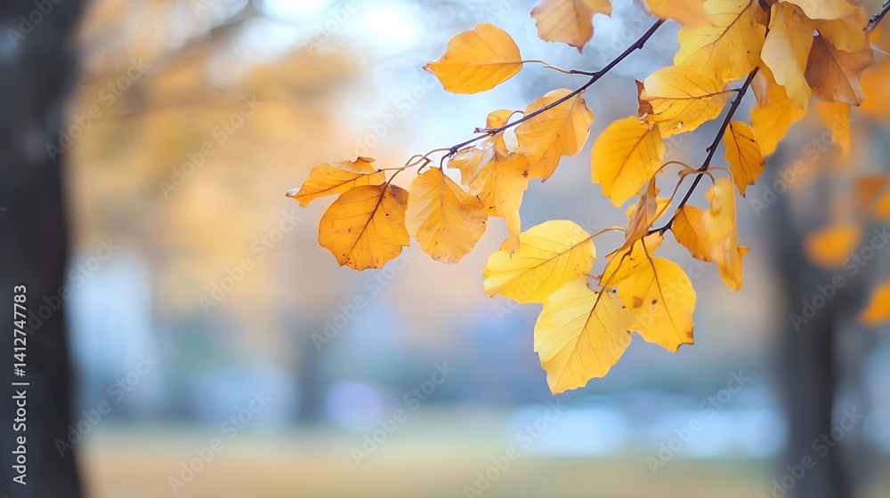 Poster Golden autumn leaves gently swaying in the breeze, capturing the essence of fall : Generative AI