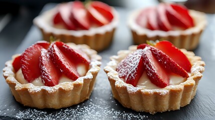 Strawberry tartlets with pastry cream and sliced fruit, served on slate with powdered sugar and clean lines