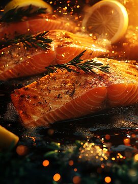 Sizzling Salmon Fillets with Lemon and Rosemary Ready to Serve