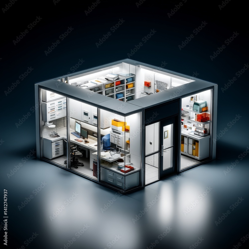 Aufkleber isometric view of a minimalist office space with sleek furniture and organized shelves, illuminated 