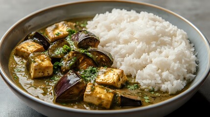 Thai green curry with tofu and eggplant, arranged in a deep bowl with rice and clean background