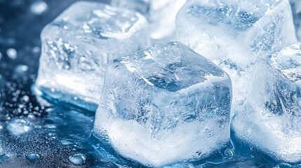 Obraz premium Close Up of Sparkling Clear Ice Cubes on Blue Surface for Refreshing Drinks : Generative AI