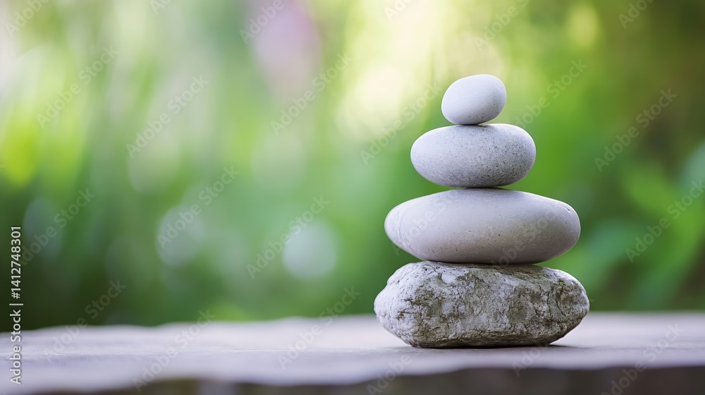 Poster Balanced stone stack formation with lush green foliage in the background for serenity : Generative AI