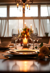 dining room table set for two with a lit candle