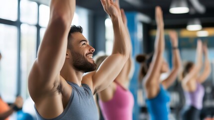 Happy Young Man Exercising and Celebrating in Modern Gym Class : Generative AI