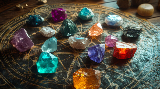 Set of healing chakra mineral stones for crystal healing. Natural Colourful stones for cleansing environment from negative energy, adding positive vibes. Spriritual practices background