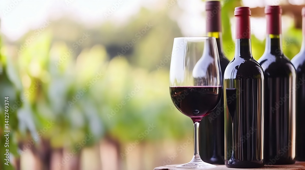Poster elegant red wine glass next to bottles on a rustic wooden table in a vineyard : generative ai