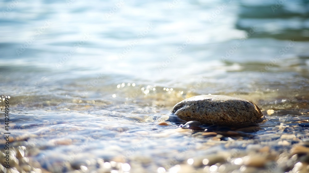 Poster serene close up of a smooth stone in shallow clear water reflecting gentle sunlight : generative ai