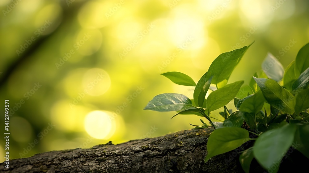 Aufkleber fresh green leaves emerging on a mossy log in a bright bokeh background : generative ai