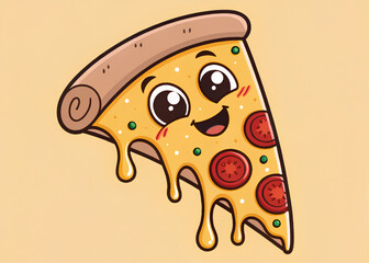 Cute Cartoon Pizza Slice Vector with Smiling Face and Dripping Cheese