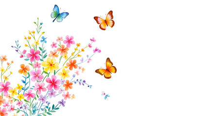 Vibrant Watercolor Floral Bouquet with Dancing Butterflies