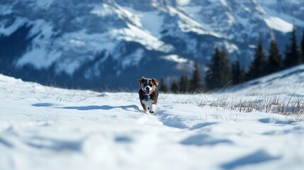 Happy Dog Running Through Snowy Landscape in Beautiful Mountain Scene : Generative AI