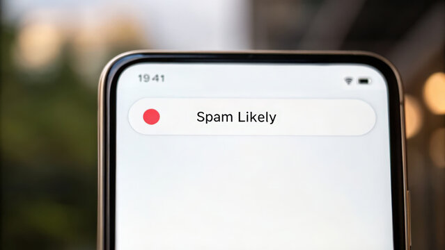 Spam call on phone technology, A smartphone screen displays a notification warning that a call is "Spam Likely" with a red indicator, suggesting caution for incoming communications.