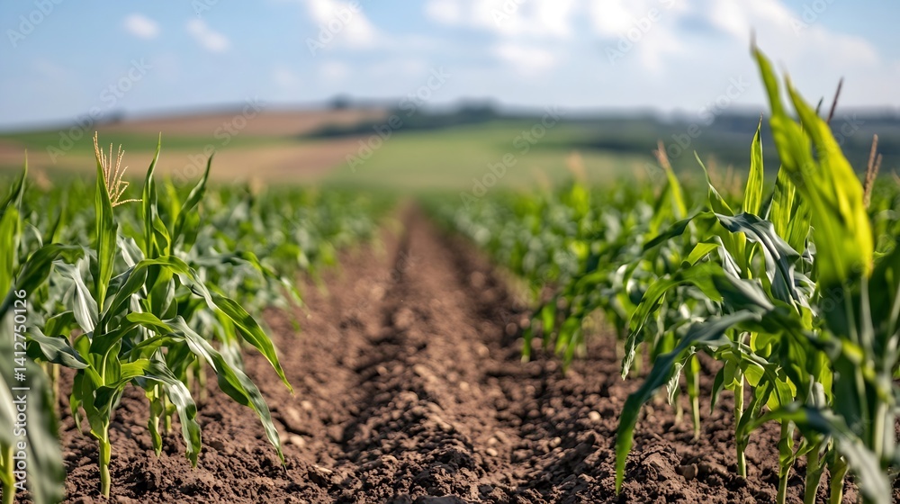 Poster lush green cornfield on sunny day with blue sky and rolling hills in the background : generative ai