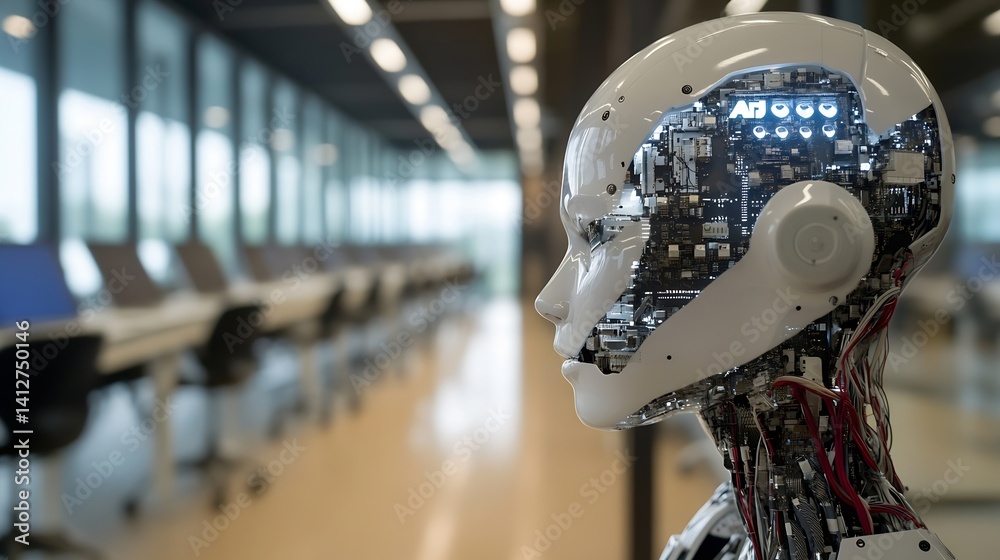 Poster futuristic humanoid robot profile with technology details visible against a modern office backdrop :