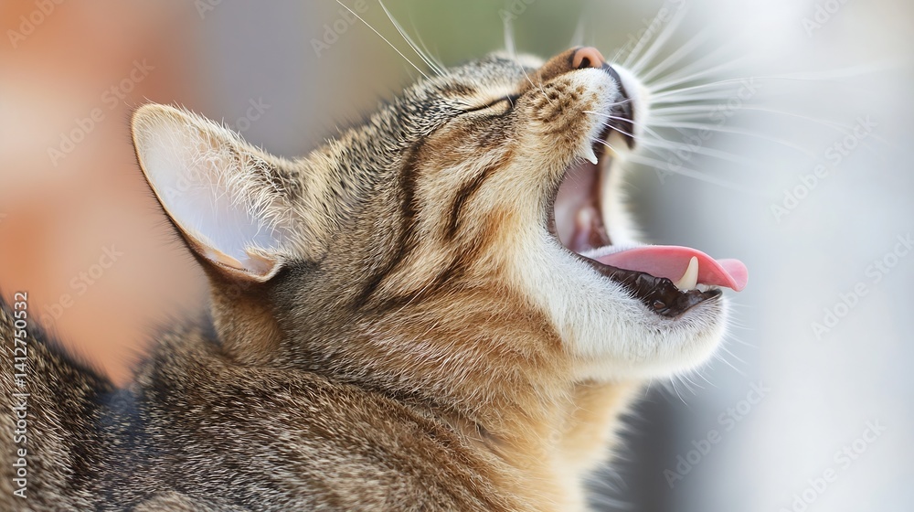 Aufkleber Close Up View of a Yawning Tabby Cat Showcasing Its Playful Nature and Expressions : Generative AI